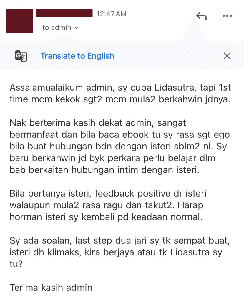 Feedback suami yang berjaya membantu isteri capai kemuncak dengan Terapi Lidasutra