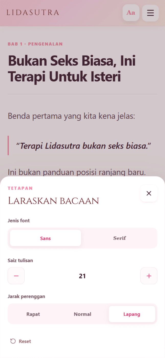 Contoh tetapan saiz tulisan dan jarak perenggan dalam ebook reader Lidasutra